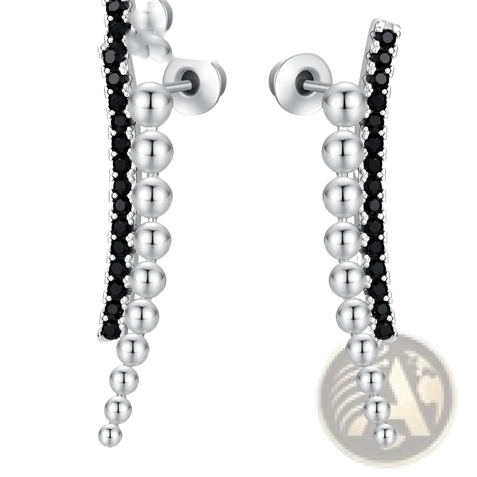 Silver drop earrings with black zircon pavé strip and polished silver spherical beads in a cascading design