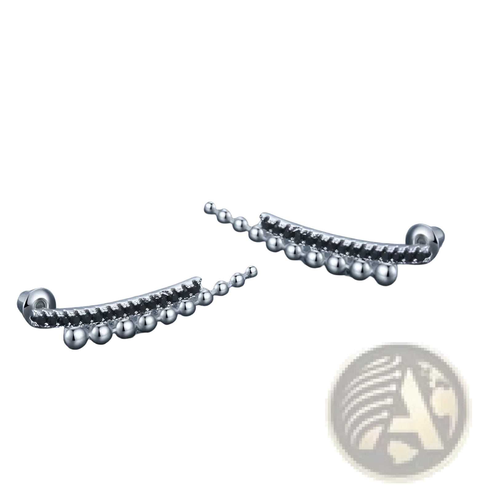 Black zircon silver beaded cascading drop earrings with silver curved ear cuffs featuring beaded edge and textured interior