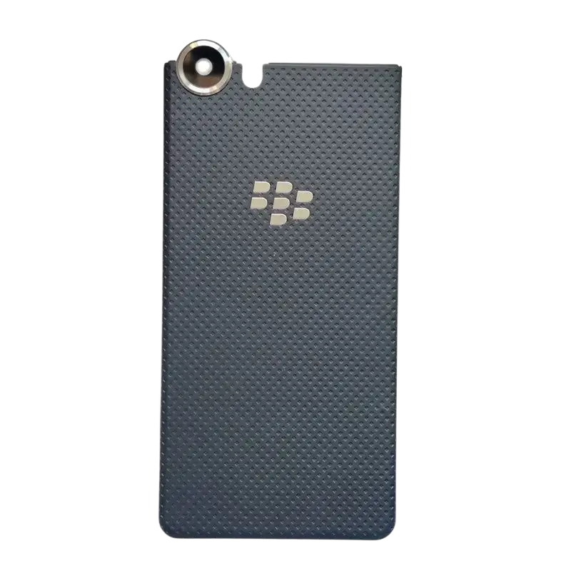 Dark blue textured back cover for blackberry keyone dtek70 featuring silver logo and circular camera lens cutout
