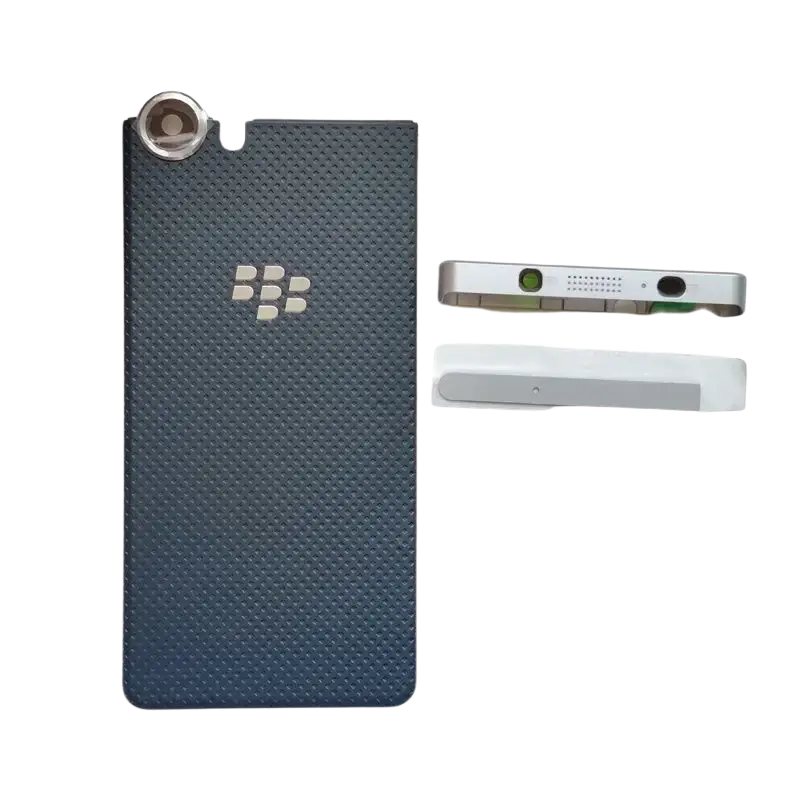 Dark blue textured replacement back cover housing for blackberry keyone dtek70 with silver logo and camera cutout visible