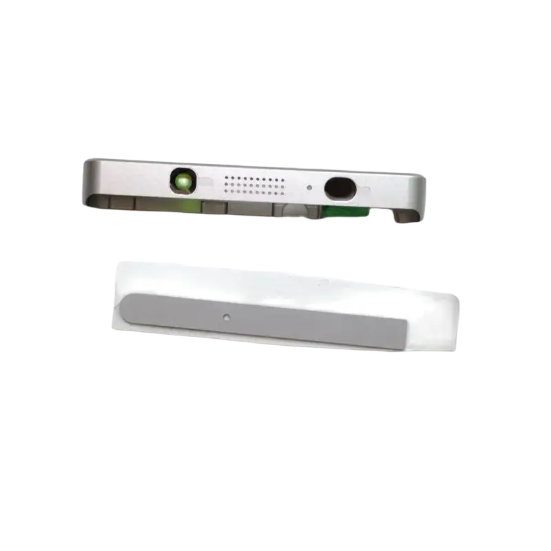 Silver-colored metal back panel with green camera lens for blackberry keyone dtek70 shown with white protective packaging