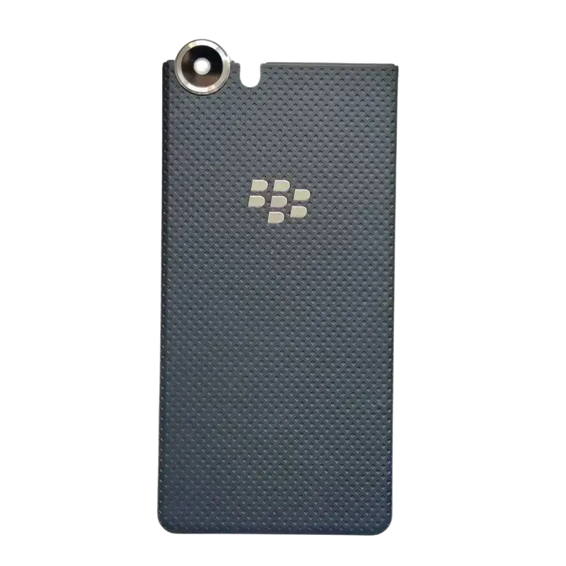 Blackberry keyone dtek70 replacement battery cover housing in black textured leather with silver blackberry logo on back side