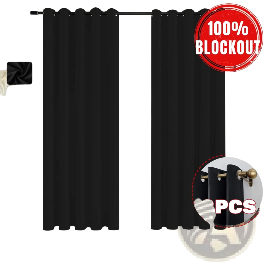 Black blackout curtains with smooth heavy-duty fabric and grommet top for complete light blocking 132x242cm