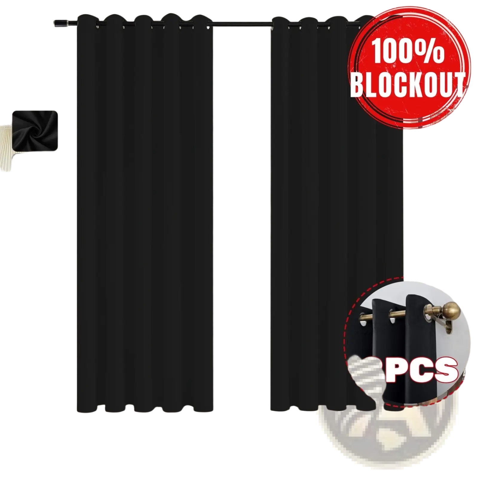 Black blackout curtains with smooth heavy-duty fabric and grommet top for complete light blocking 132x242cm
