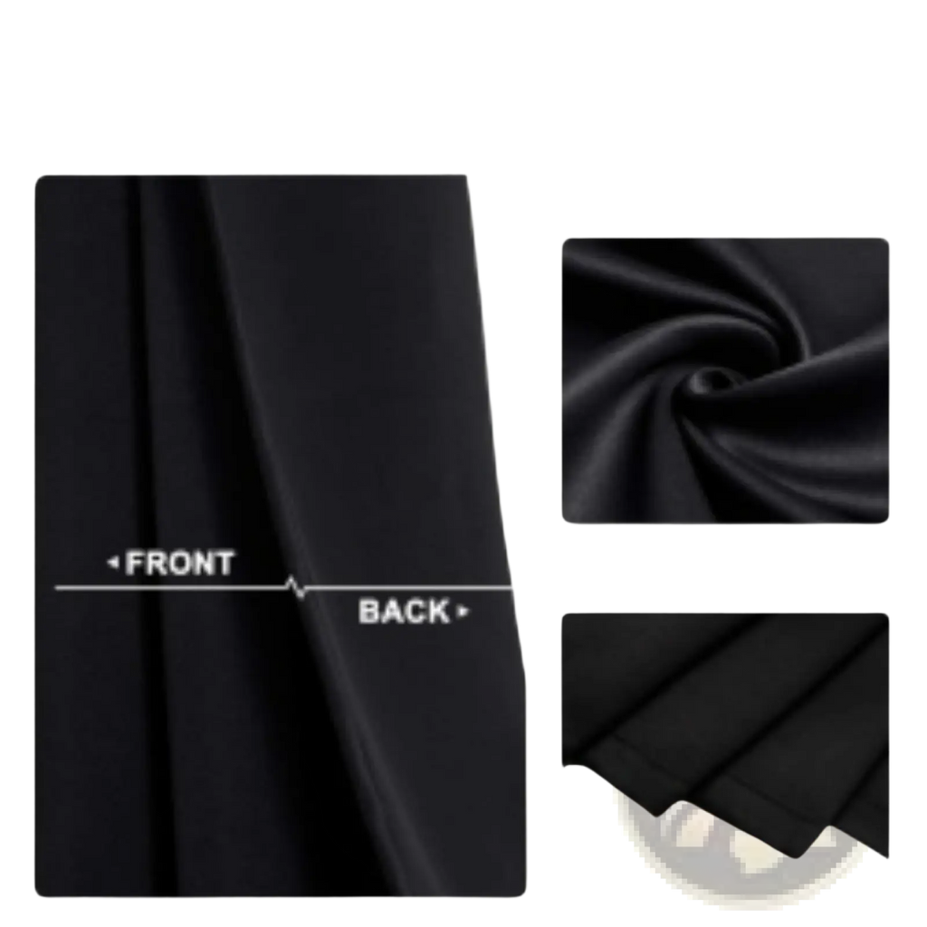 Black fabric blackout curtains 3 layer grommet pair with soft smooth texture and precise seam detailing