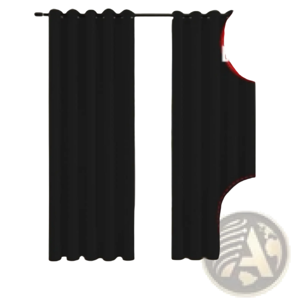 Blackout curtains 3 layer grommet pair in smooth solid black fabric measuring 132cm by 114cm