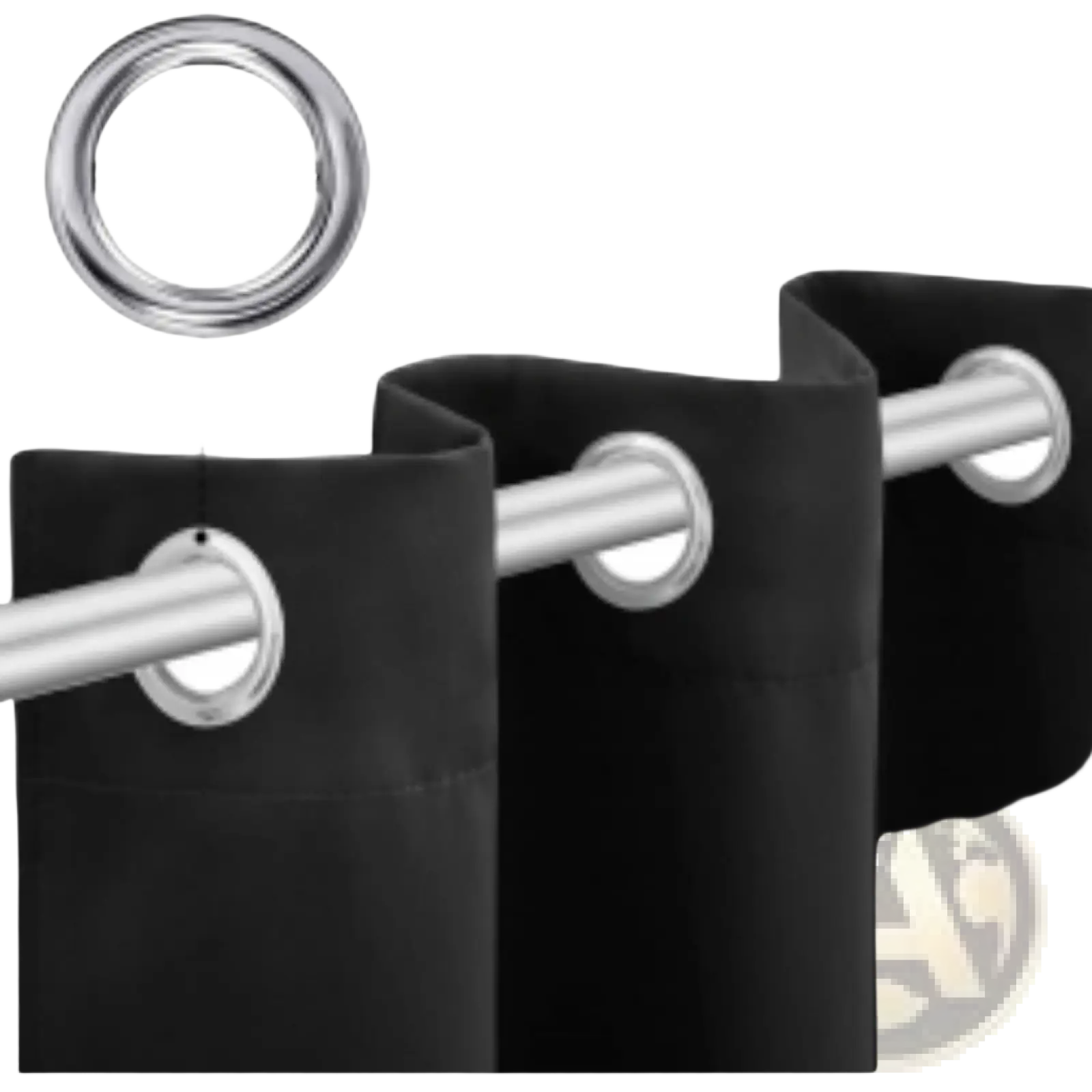Blackout curtains 3 layer black fabric with silver-toned grommet pair measuring 132cm by 114cm
