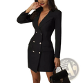Black double-breasted mini blazer dress with silver buttons crafted from tailored fabric for formal and stylish wear