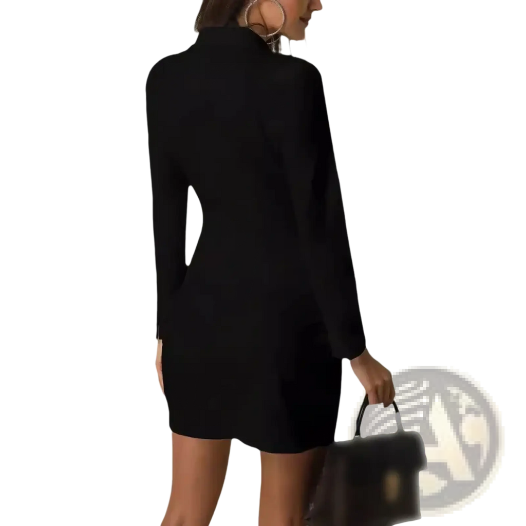 Black long-sleeved fitted blazer dress with high neckline, elegant office mini suit for professional wear