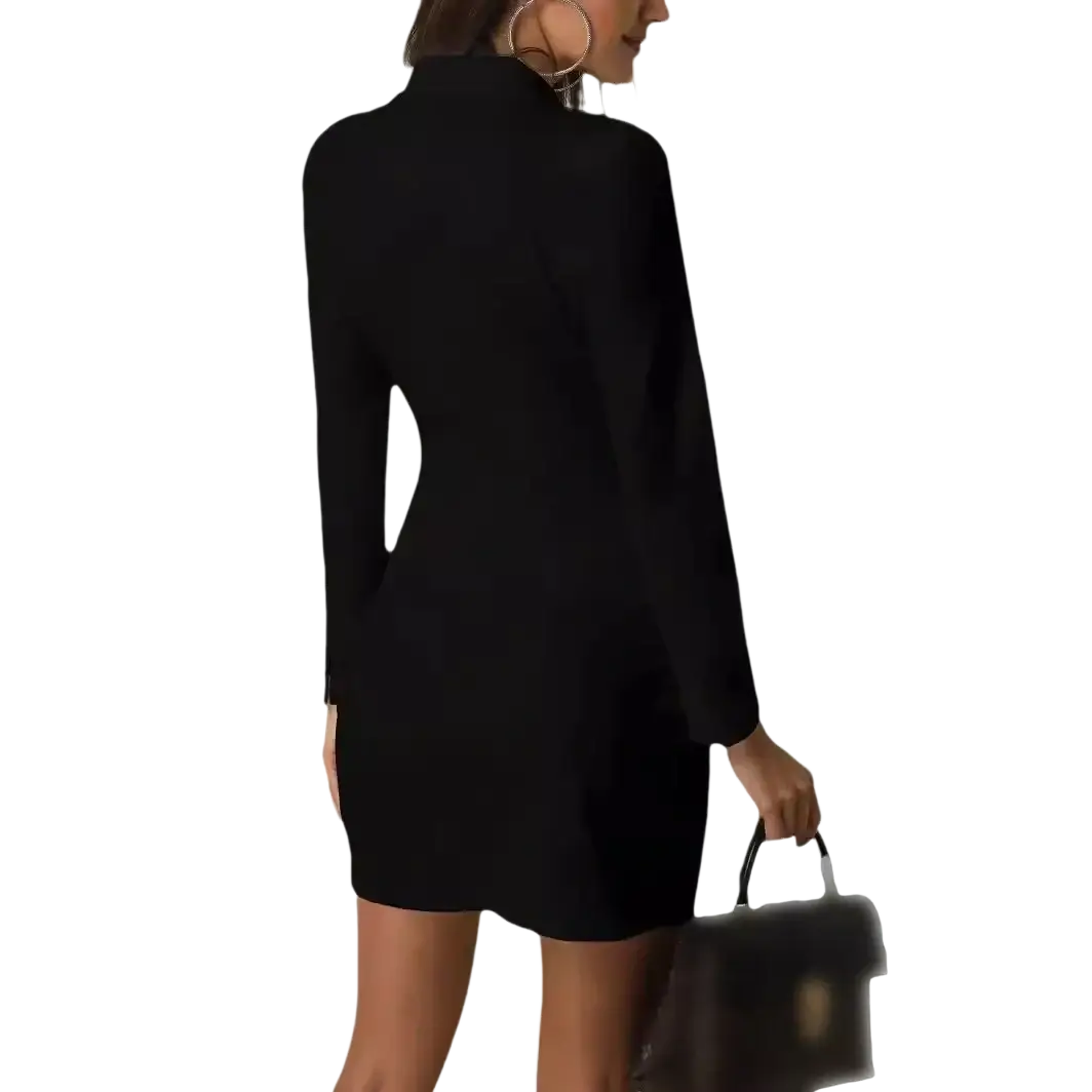 Black long-sleeved fitted blazer dress with high neckline, elegant office mini suit for professional wear