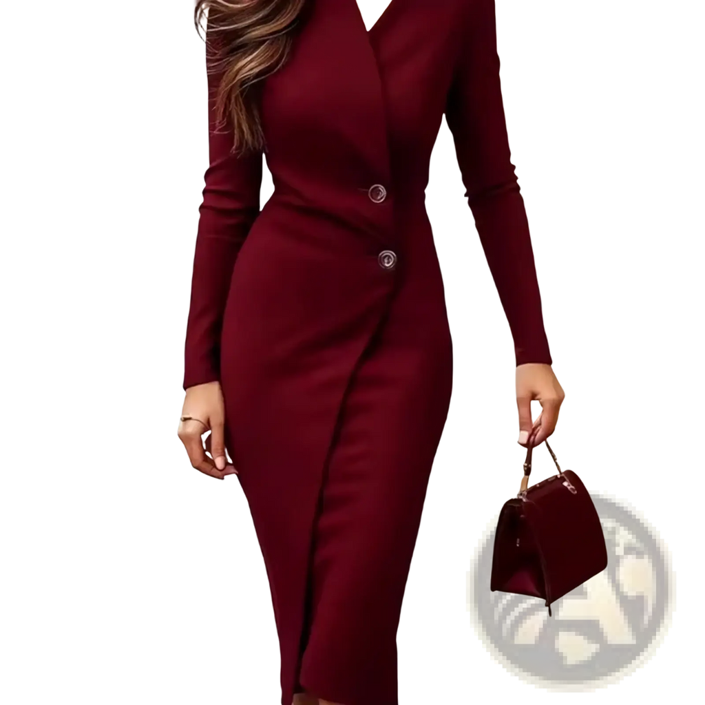 A sleek burgundy long sleeve blazer dress with a v neckline and two buttons perfect for professional office wear