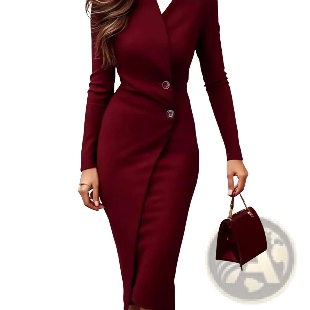 A sleek burgundy long sleeve blazer dress with a v neckline and two buttons perfect for professional office wear