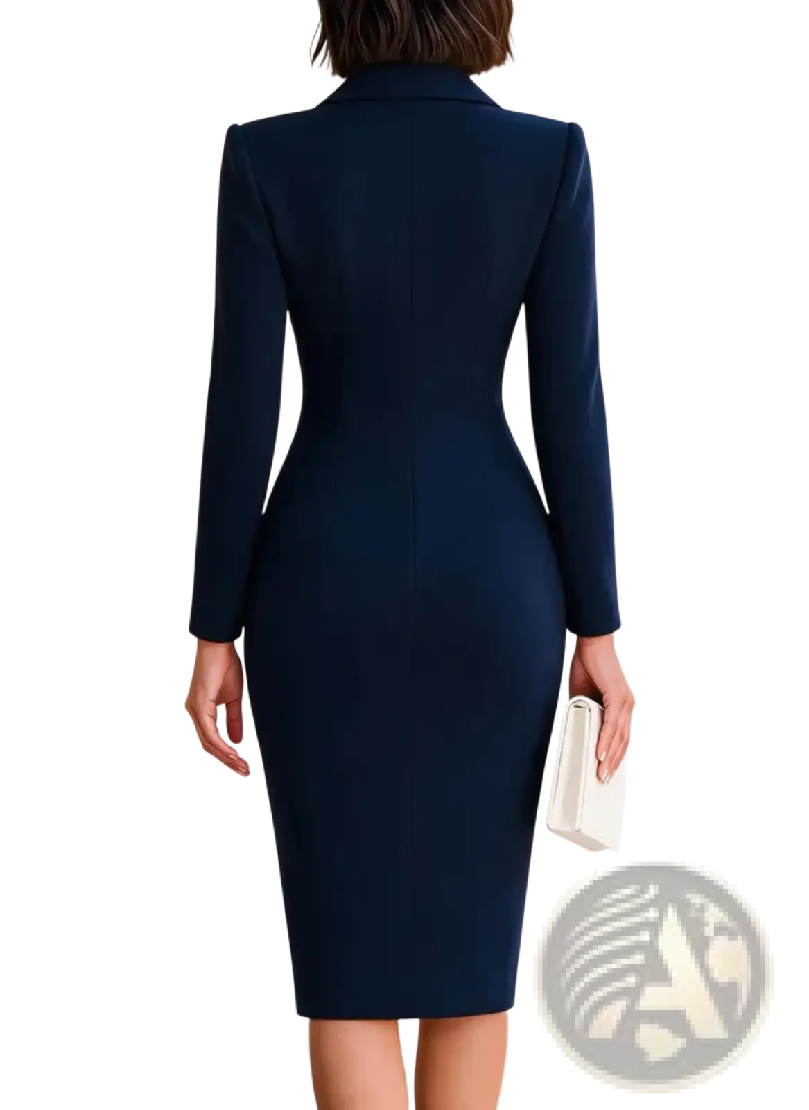 A sleek navy blue tailored pencil dress with long sleeves and structured collar for formal office parties