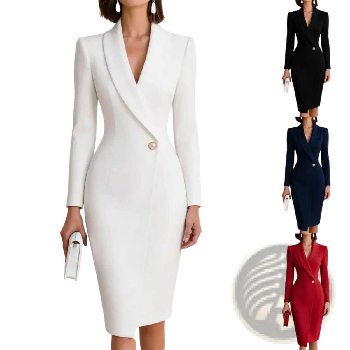 White tailored blazer dress with v-neck long sleeves and single gold button for formal office and party wear