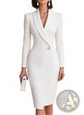 White tailored blazer dress with v-neck, long sleeves, and single button closure for formal office and party wear