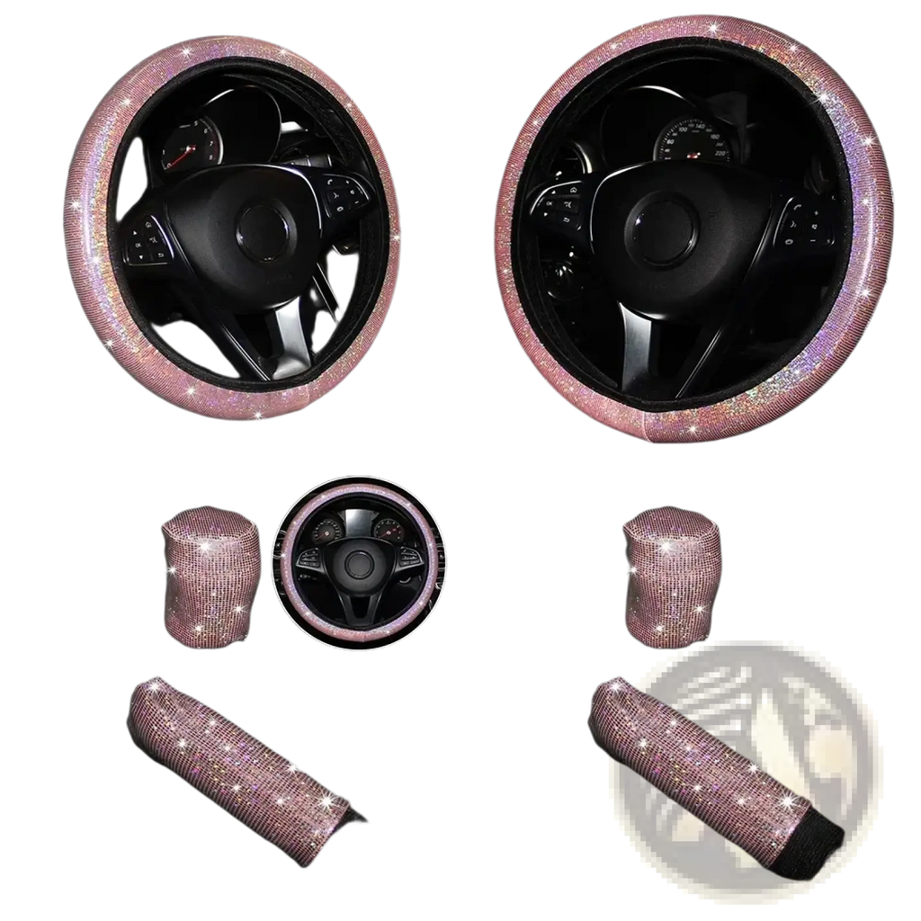 Bling rhinestone steering wheel cover featuring pink rhinestone embellishments for stylish car interior decor