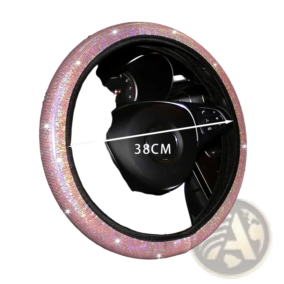 Pink rhinestone-studded steering wheel cover featuring bling rhinestones for stylish car interior decoration