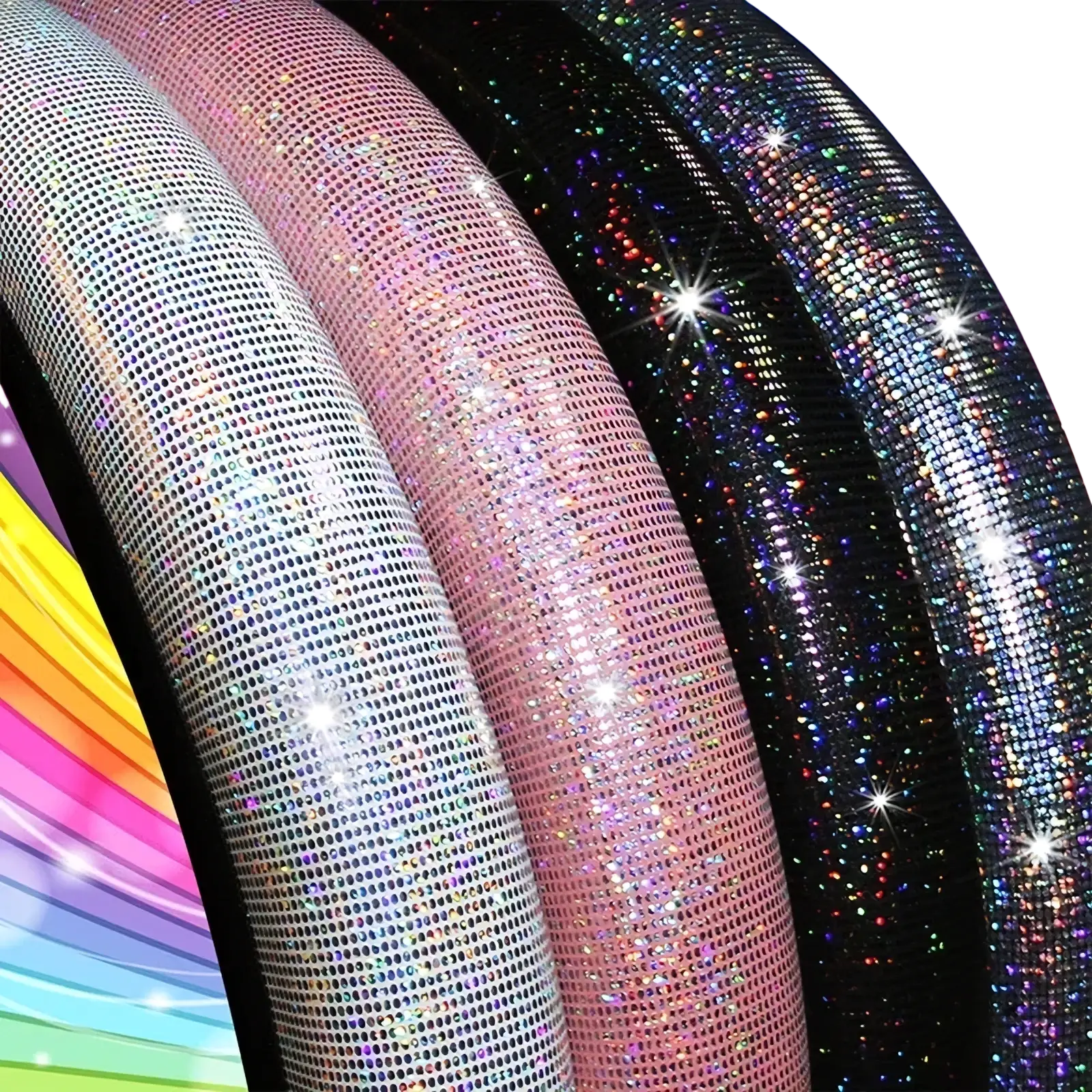 Bling rhinestone steering wheel cover featuring shimmering sequined hula hoops in silver pink black and iridescent hues
