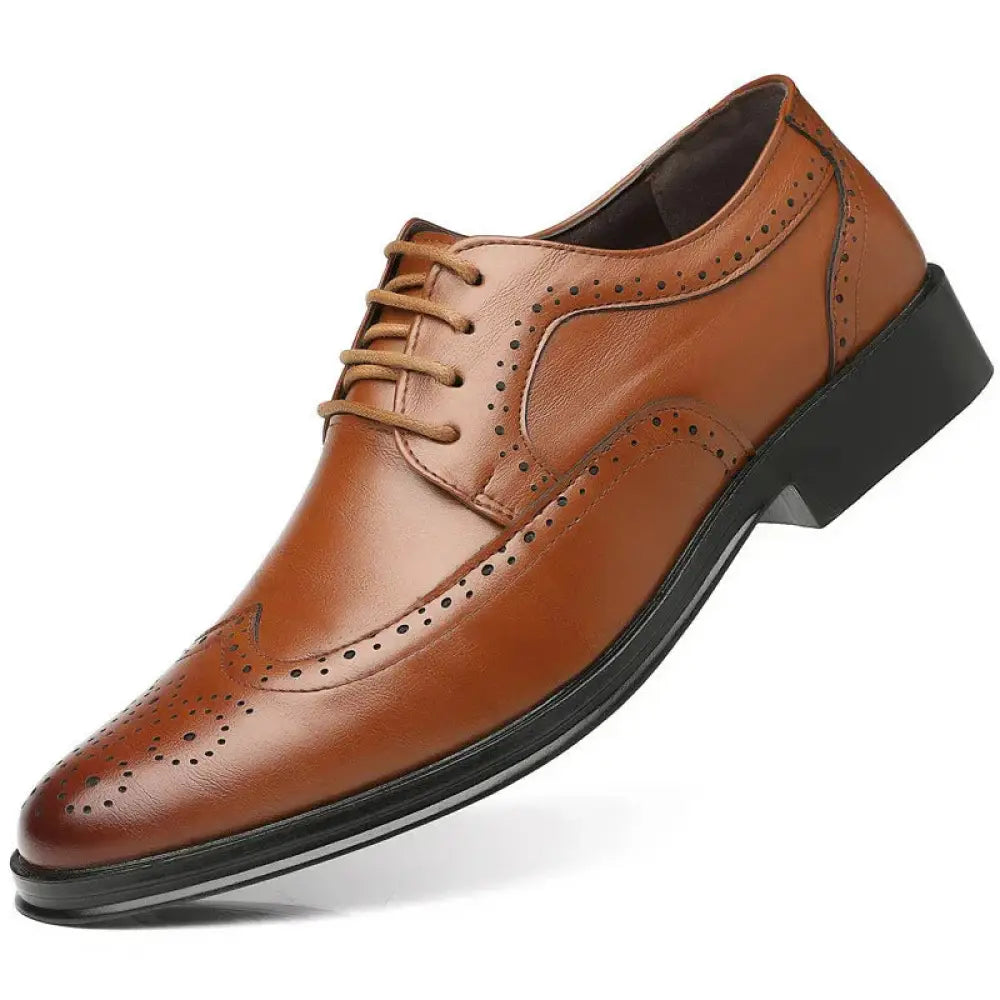 Men’s brown leather brogue oxford shoe with block carving and black rubber sole for formal wear