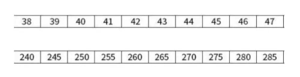 Black and white numerical grid showing size and measurement values for men’s block carved leather brogue oxford shoes