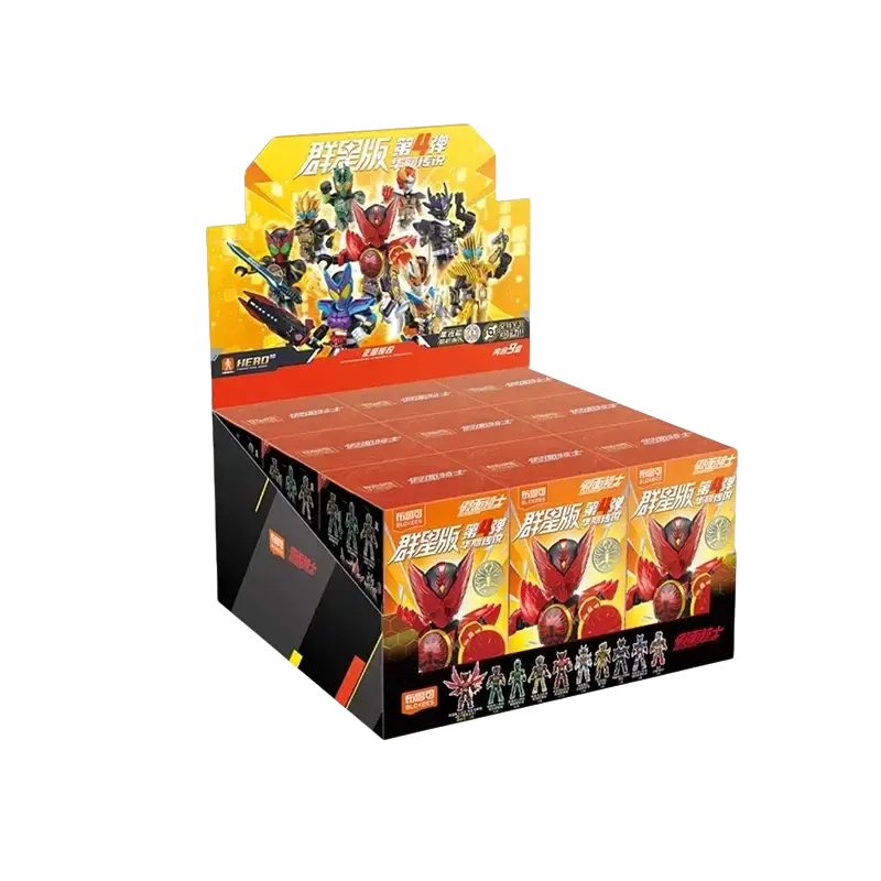 Orange and black display box featuring collectible Blokees Kamen Rider Star Edition action figures by Bumikai