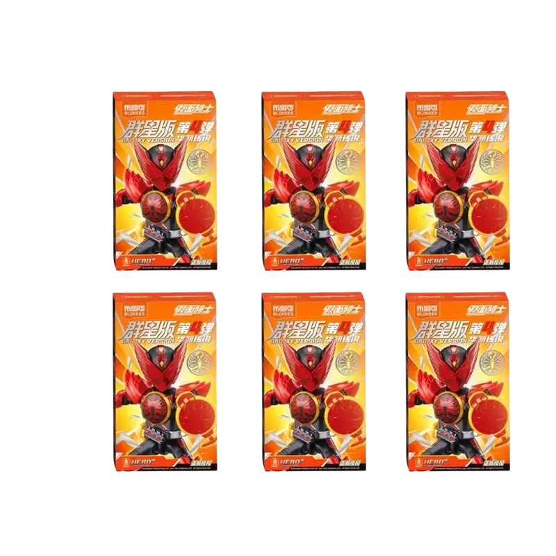 Six identical red and black action figure blind box packages of blokees kamen rider star edition hero character with glowing eyes