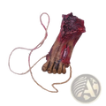 A detailed realistic bloody zombie foot prop with decaying features attached to a 40cm rope for halloween decor