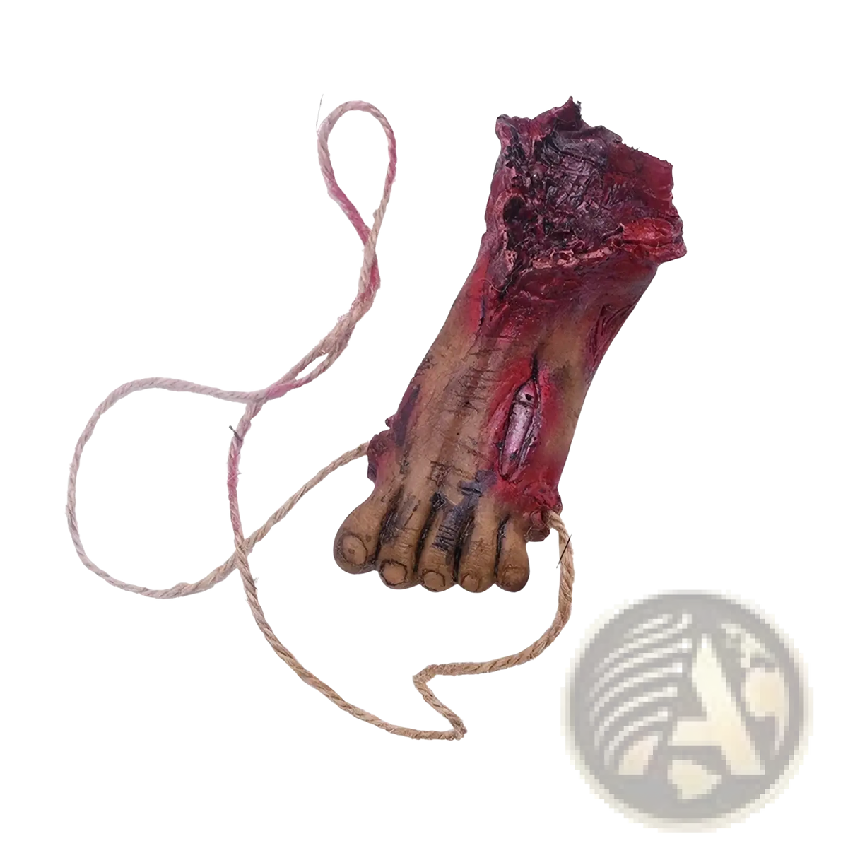 A detailed realistic bloody zombie foot prop with decaying features attached to a 40cm rope for halloween decor
