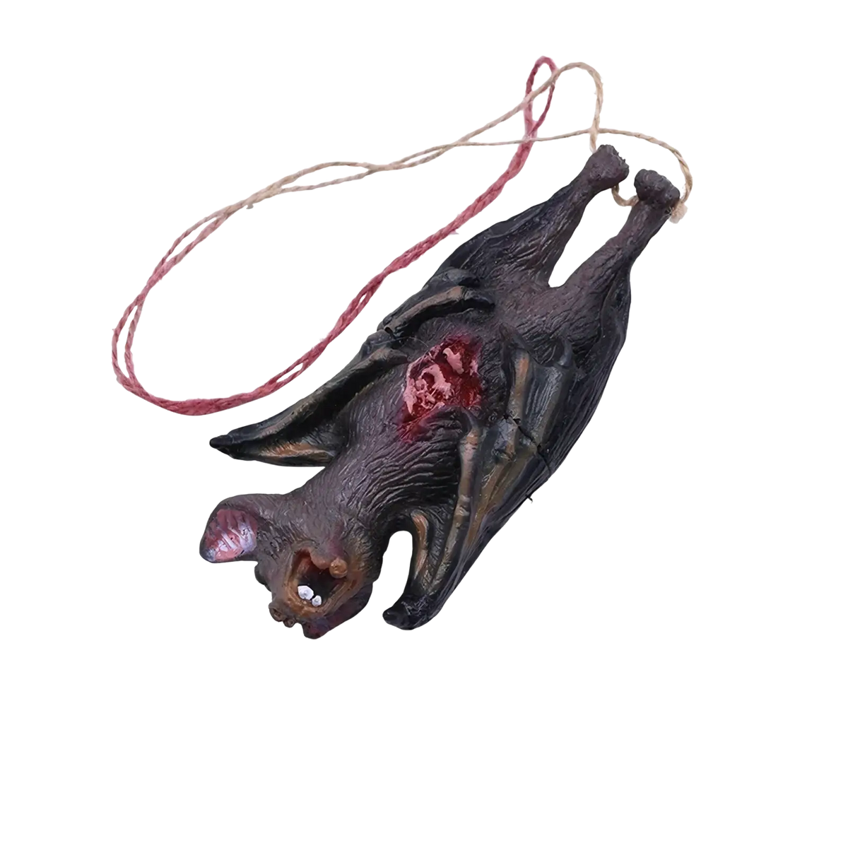 A dark textured plastic bat ornament with red wound detail and 40cm rope from the bloody Halloween hanging body parts prop set