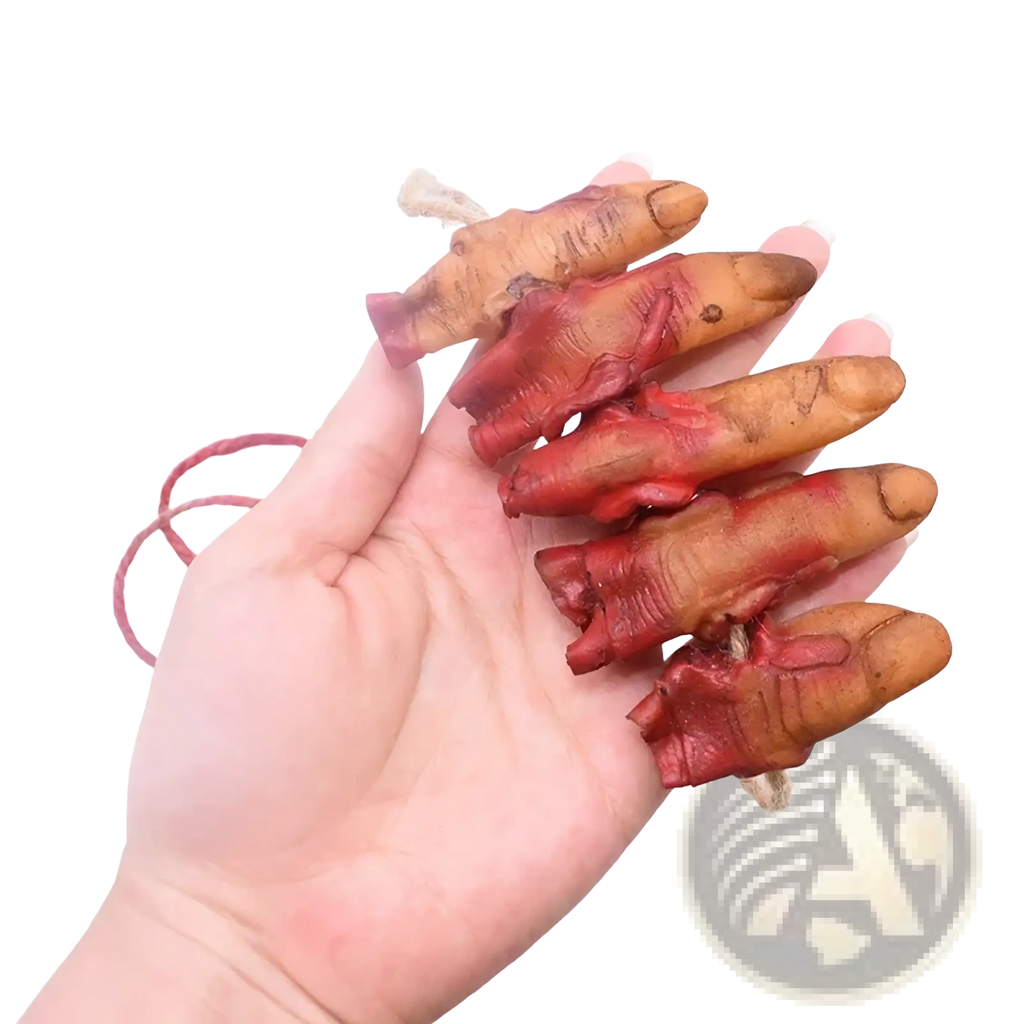 A set of five realistic bloody finger-shaped hanging charms made from molded plastic for halloween decoration