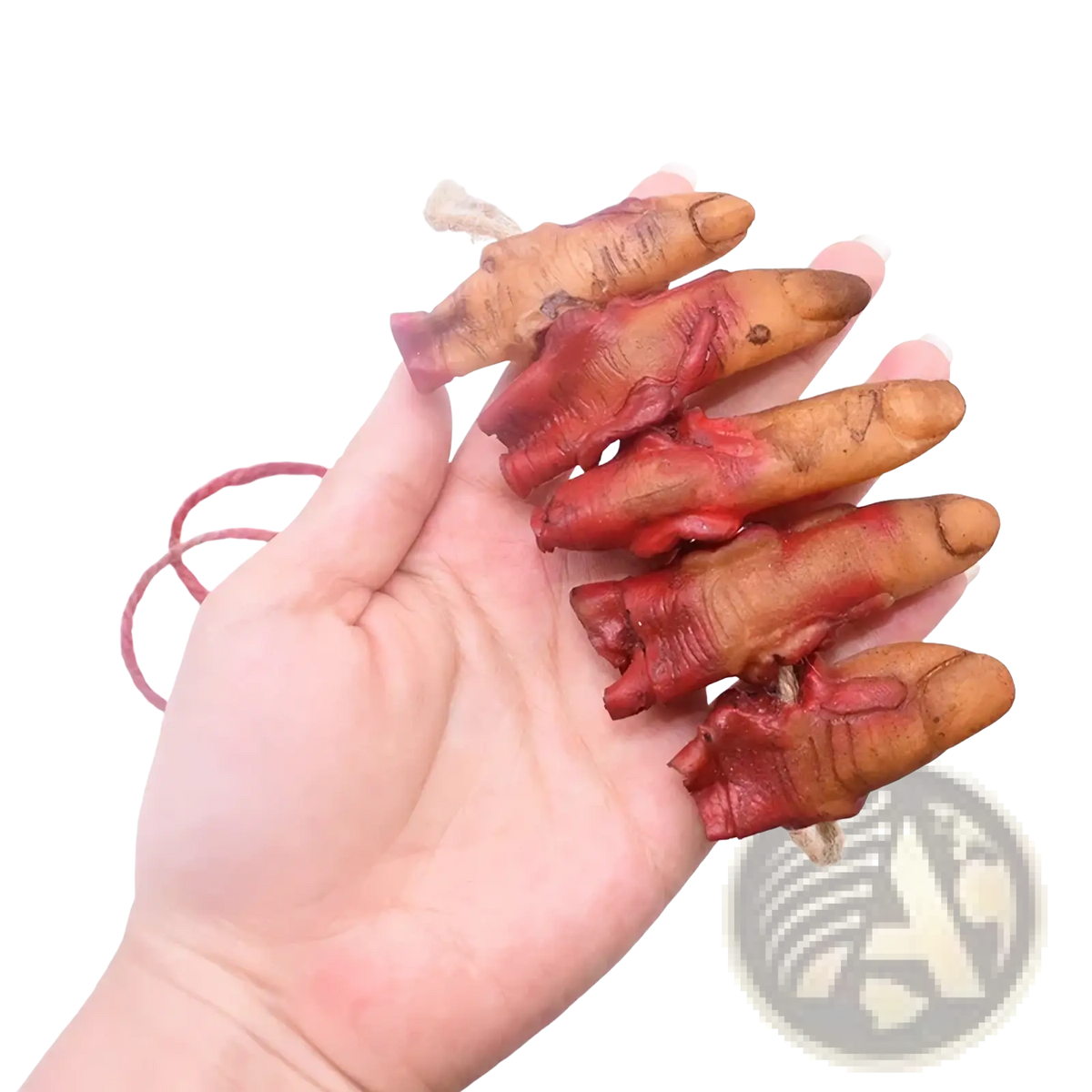 A set of five realistic bloody finger-shaped hanging charms made from molded plastic for halloween decoration