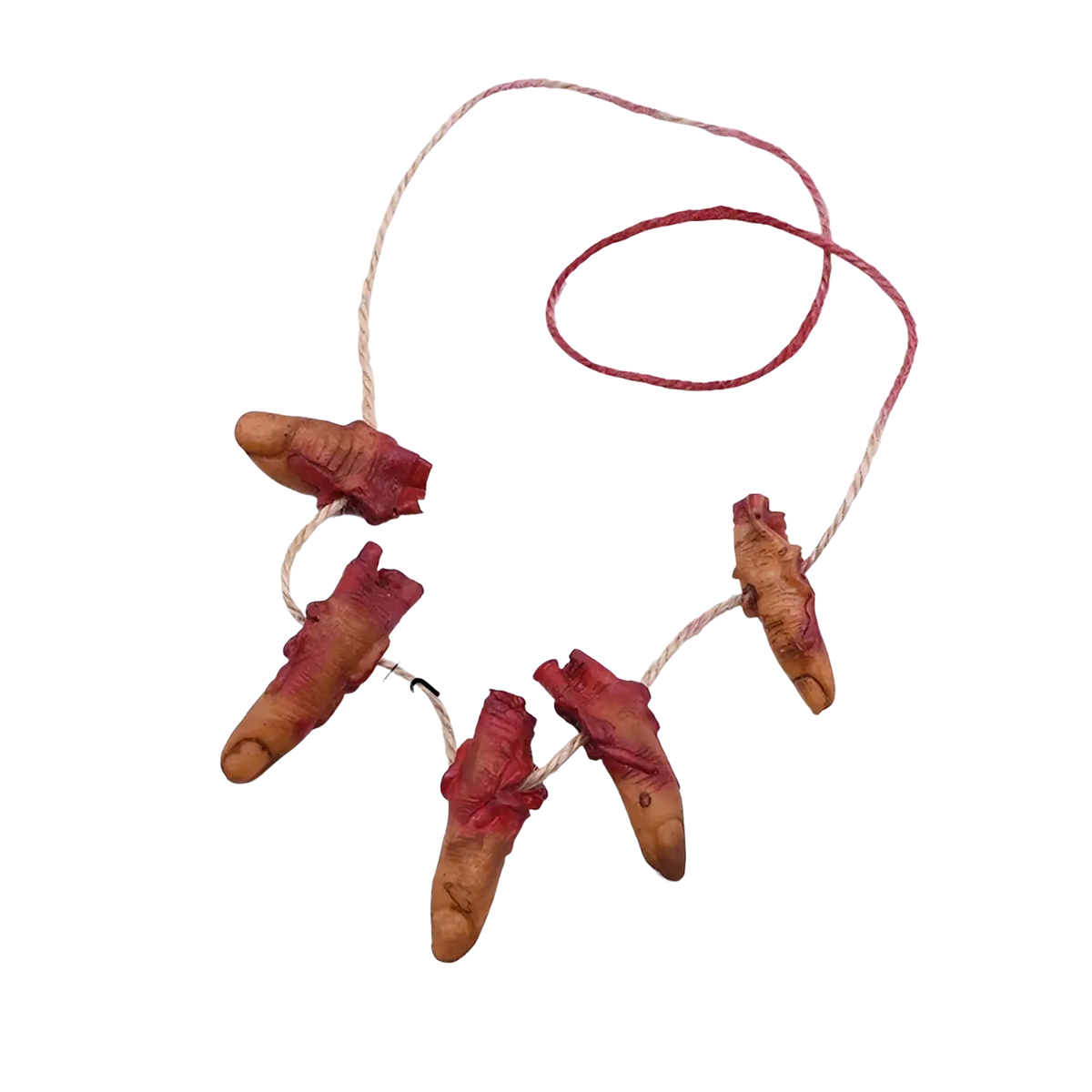 Bloody halloween hanging body parts prop set of five pale flesh tone severed finger replicas with gory details on rope