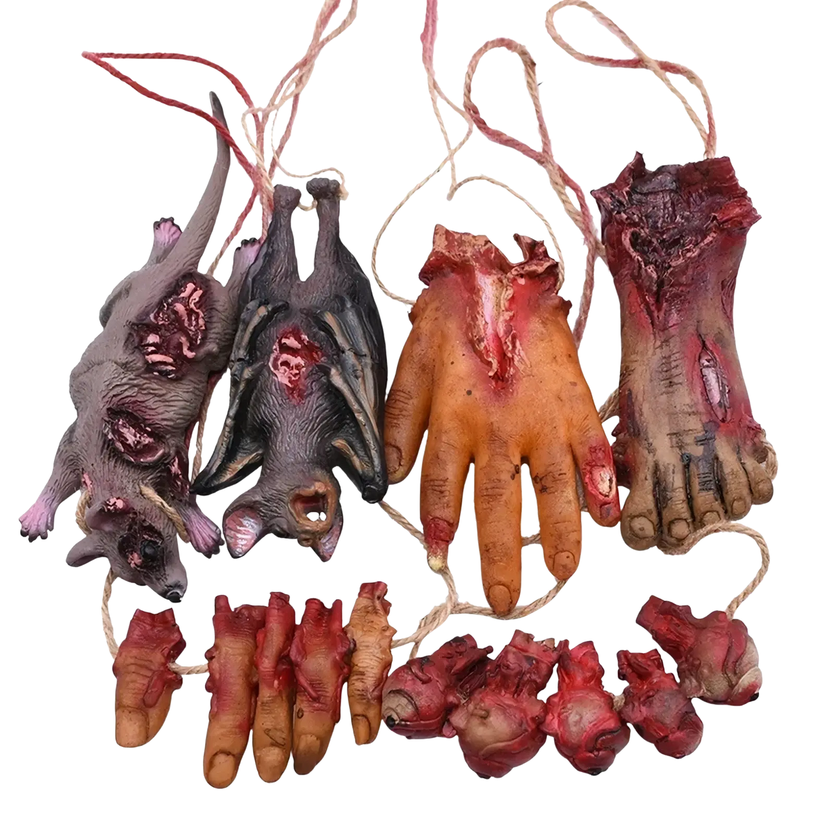 Bloody halloween hanging body parts prop set featuring realistic bloody plastic limbs and organs hanging from twine