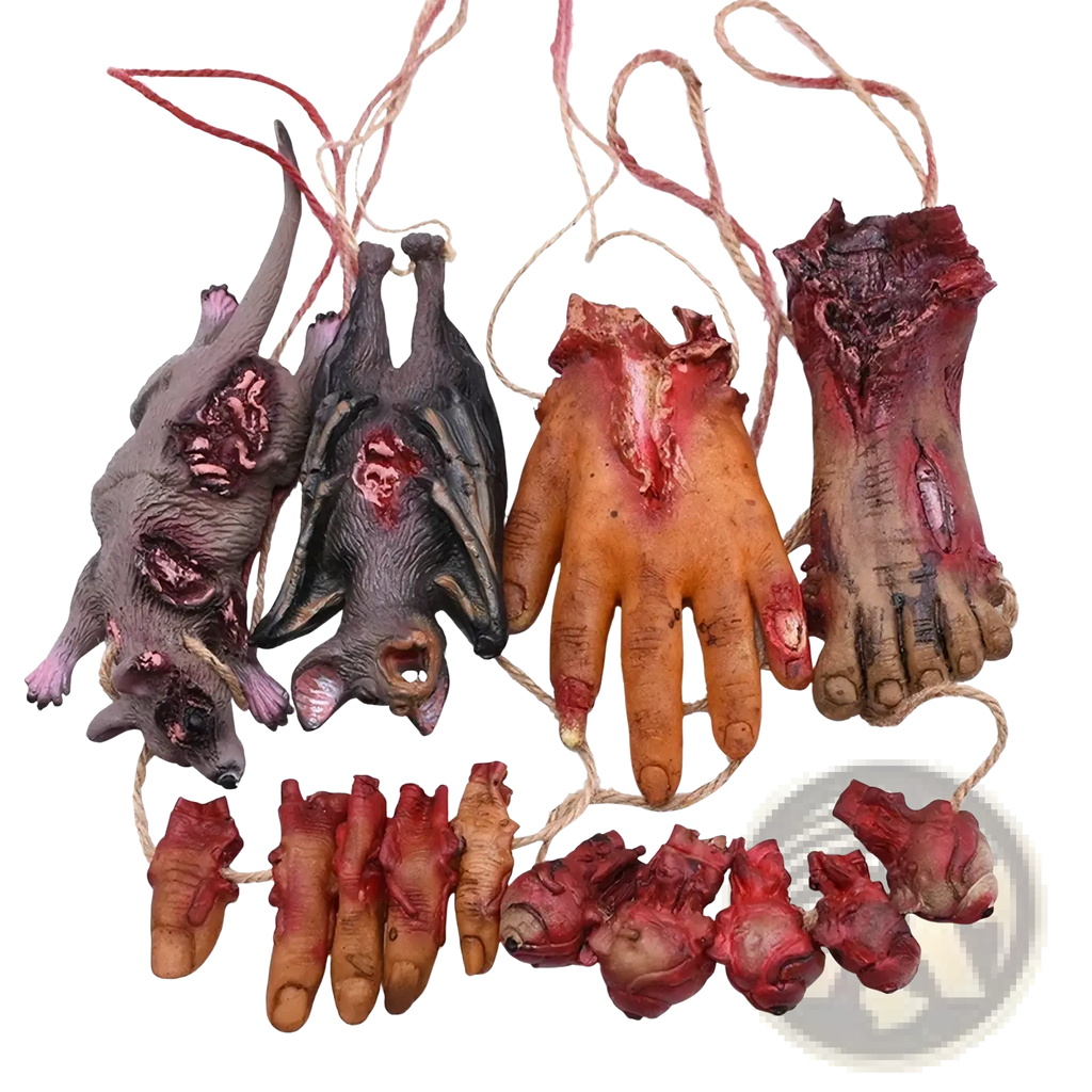 Bloody halloween hanging body parts prop set featuring realistic bloody plastic limbs and organs hanging from twine