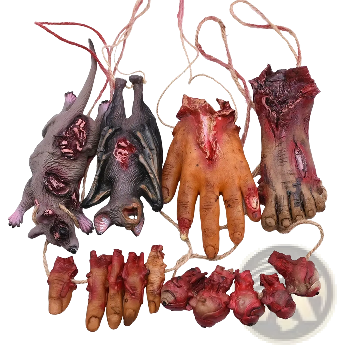 Bloody halloween hanging body parts prop set featuring realistic bloody plastic limbs and organs hanging from twine