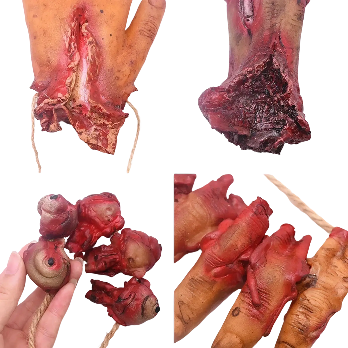 Bloody halloween hanging body parts prop set featuring gory severed hand and eye with realistic skin texture and red paint accents attached to natural fiber rope