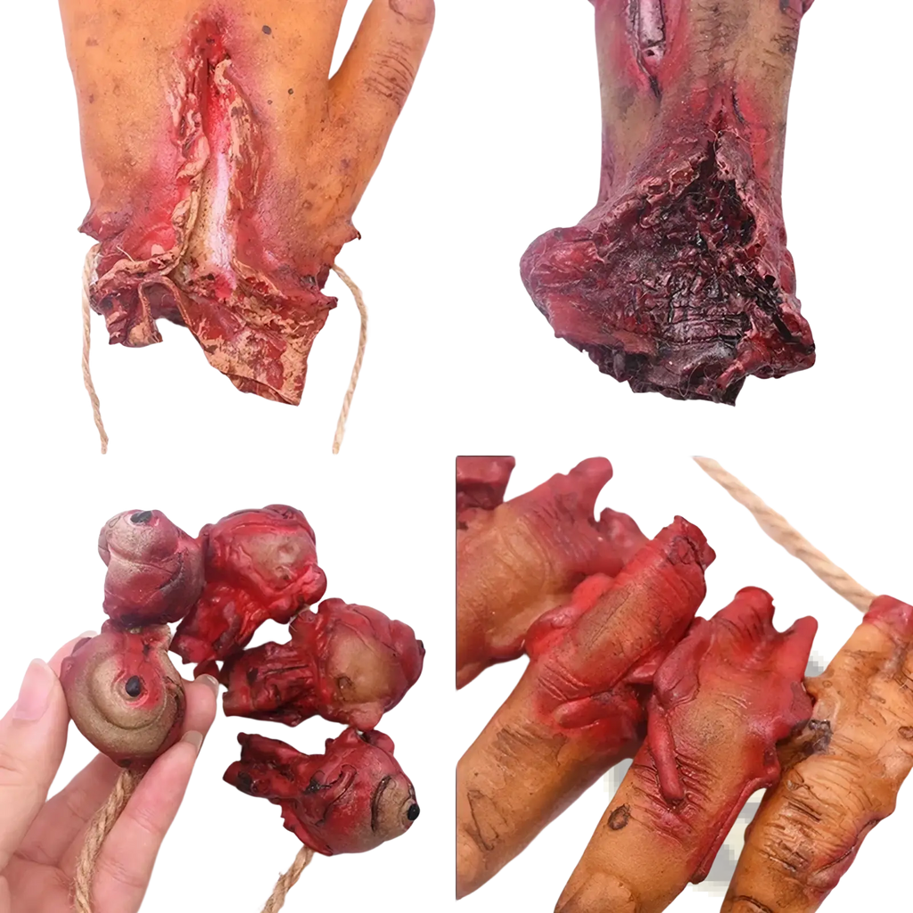Bloody halloween hanging body parts prop set featuring gory severed hand and eye with realistic skin texture and red paint accents attached to natural fiber rope