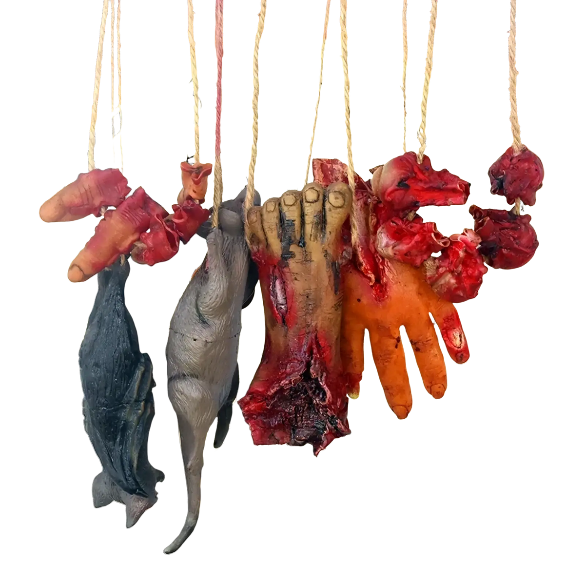 Bloody halloween hanging body parts prop set featuring realistic bloody severed hands and animal limbs made of plastic