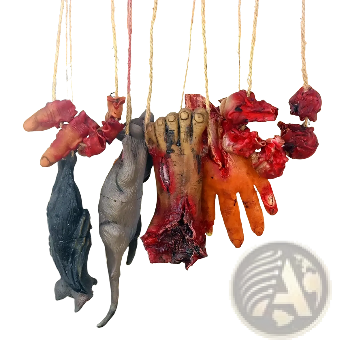 Bloody halloween hanging body parts prop set featuring realistic bloody severed hands and animal limbs made of plastic