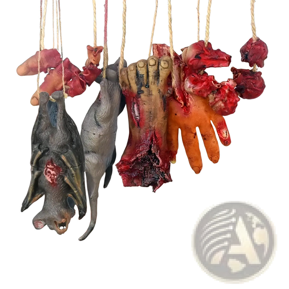 Gory realistic-looking zombie hand decorations with bloody textures and varied skin tones hanging from ropes for Halloween