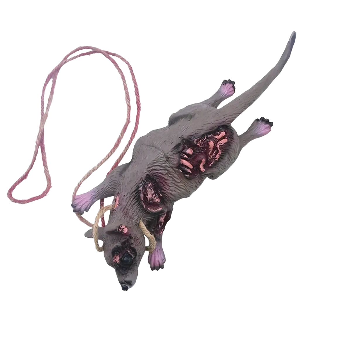 Gray plastic zombie rat figurine with exposed organs and purple paws attached to pink rope in bloody halloween prop set