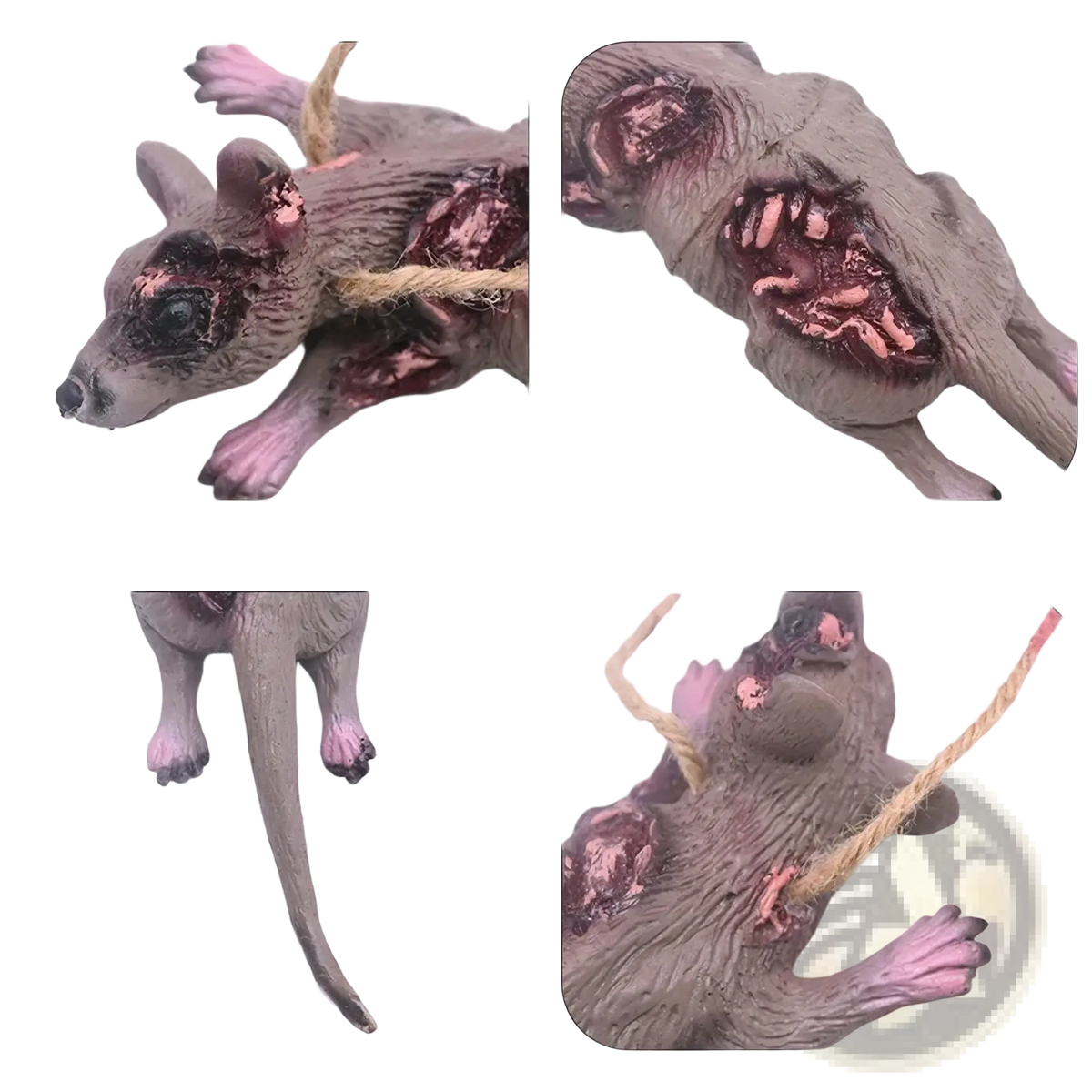 A grisly plastic rat figurine with realistic gore and a rope for hanging in the bloody halloween body parts prop set