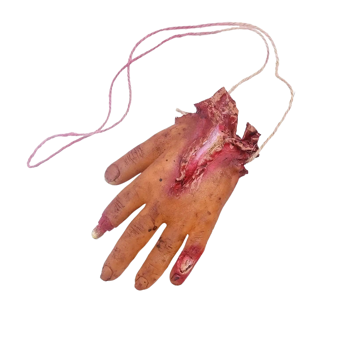 Bloody halloween hanging body parts prop set featuring a 17cm realistic fake severed hand with bloody wounds on pink rope