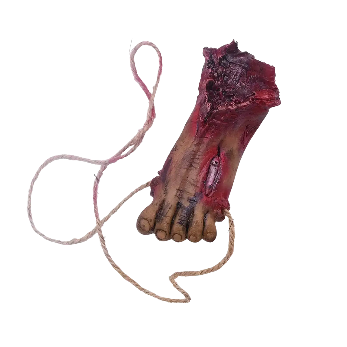 A gruesome severed foot prop with realistic skin texture and fake blood hanging from a twisted rope in hanging body parts set