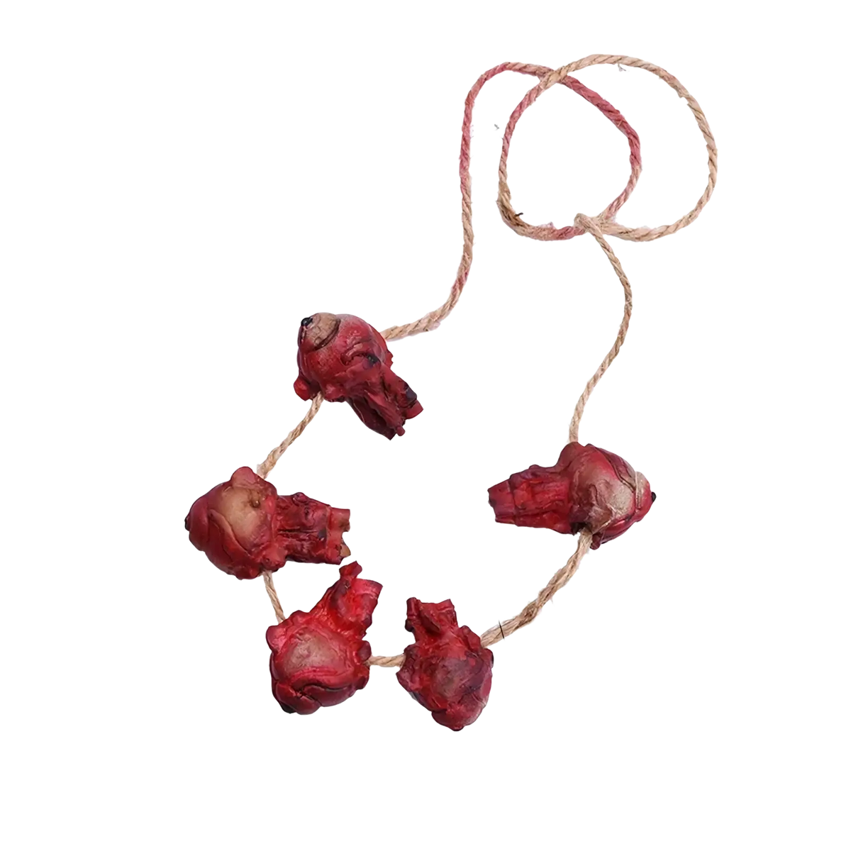 Bloody halloween hanging body parts prop set featuring red textured skull-shaped ornaments on natural rope