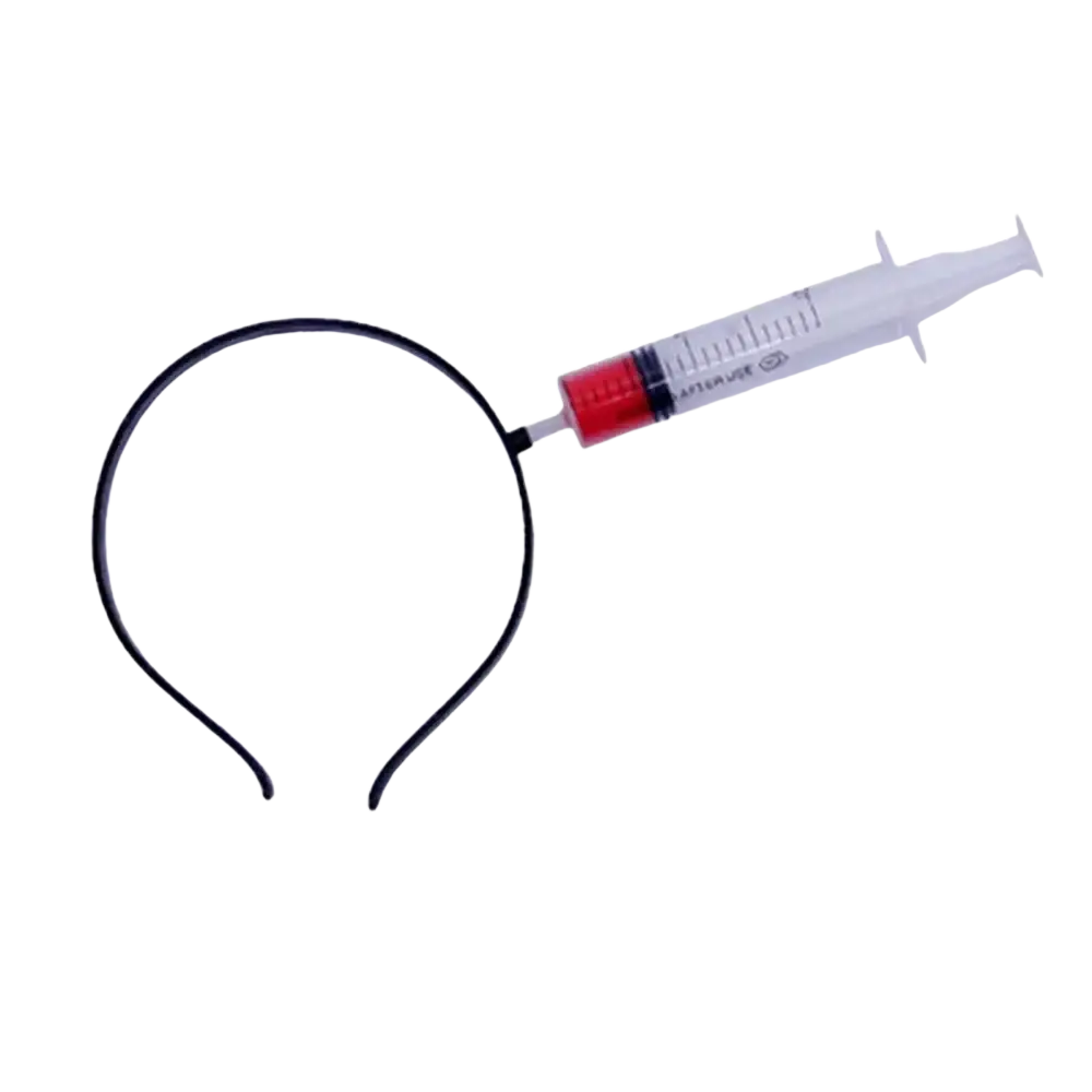 Black headband with clear plastic syringe filled with red liquid and measurement markings for horror party props