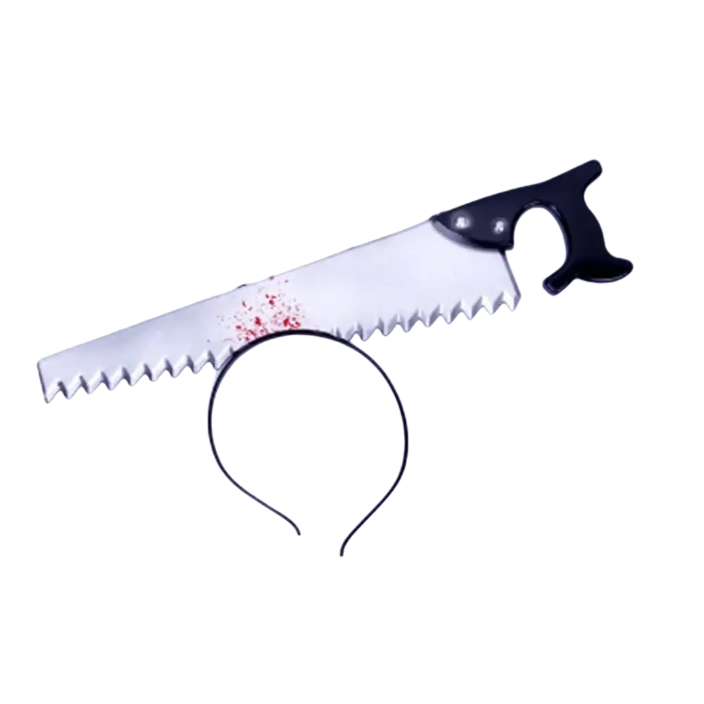 Black plastic-handled saw headband with silver blade and red splatter detail for bloody Halloween weapon party props
