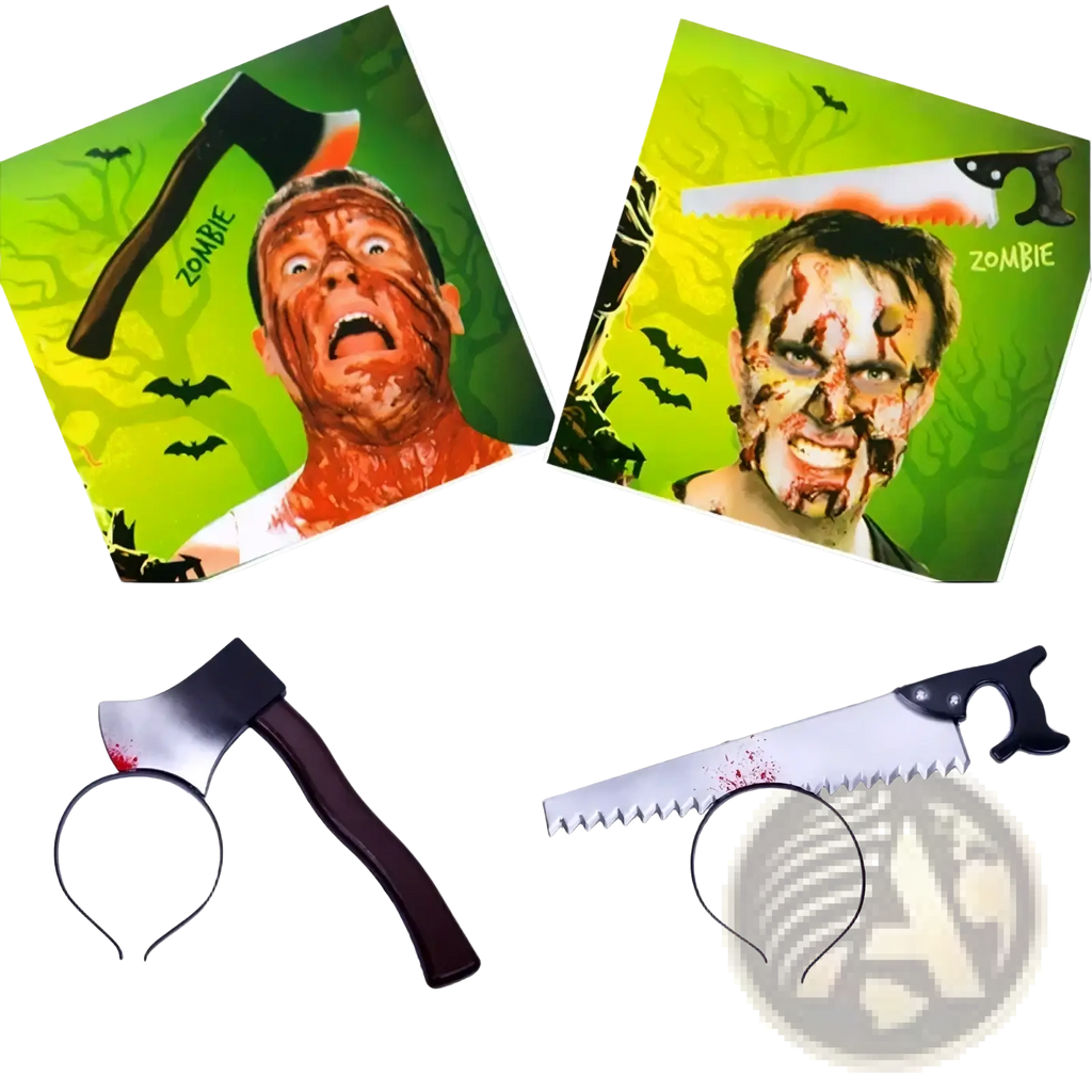 Black plastic axe and saw headbands with fake blood details for bloody halloween weapon horror party props