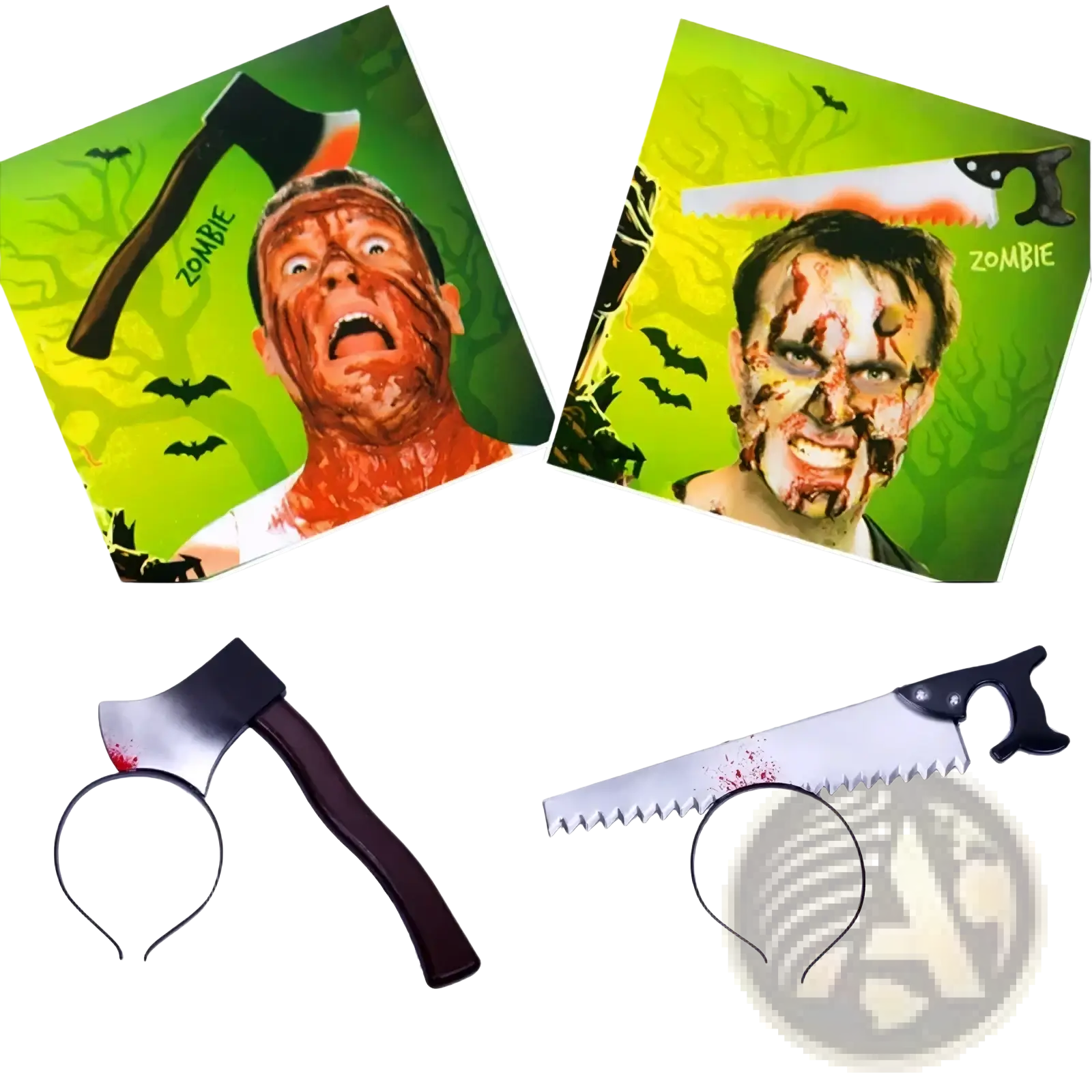 Black plastic axe and saw headbands with fake blood details for bloody halloween weapon horror party props