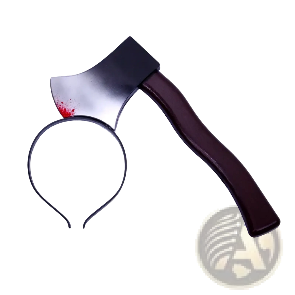 A black plastic axe head with red splatter attached to a dark brown handle next to a matching black headband for halloween parties